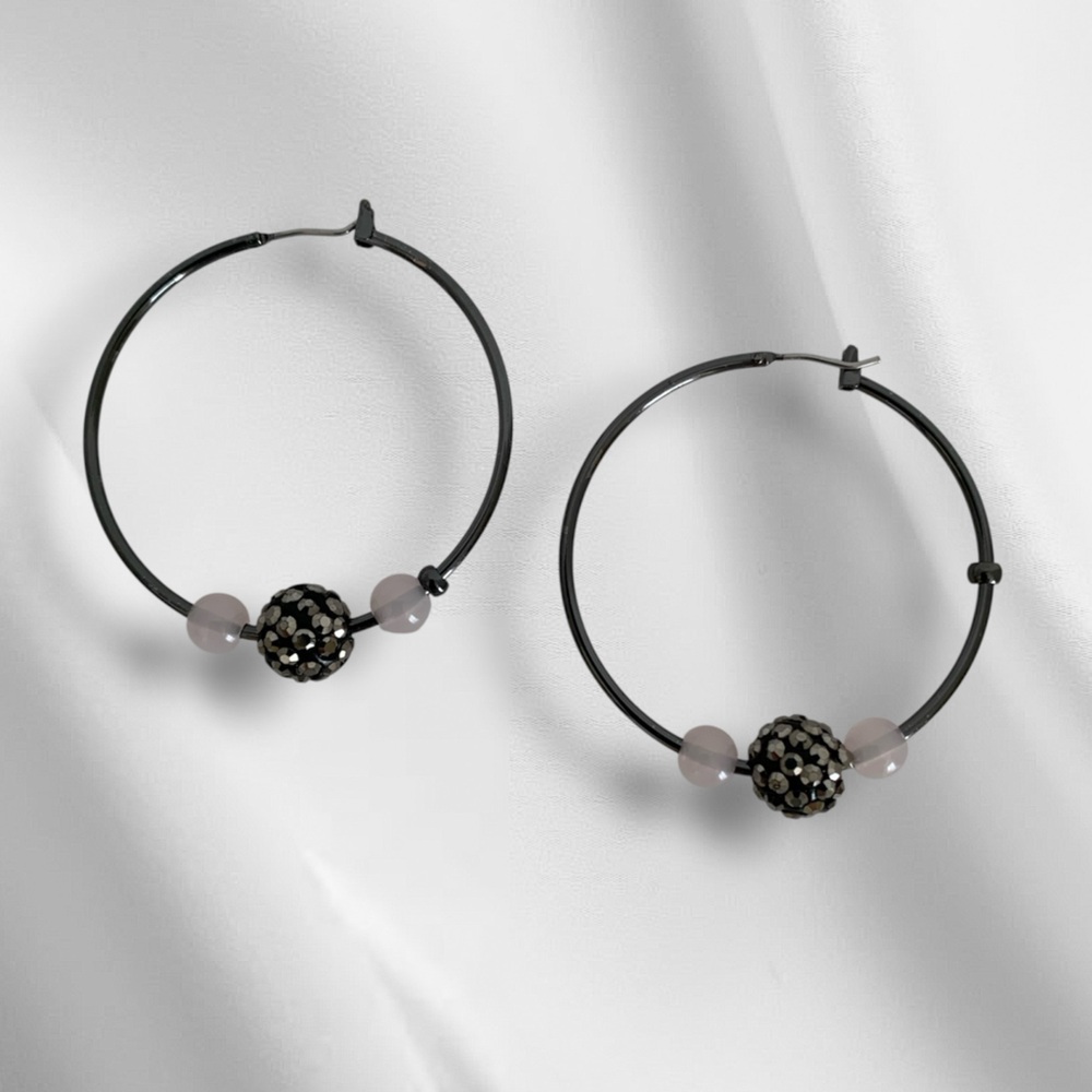 Sparkly Beaded Hoop Earrings Black Silver Pearly White Lightweight